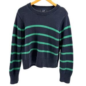 Vintage 90s Gap Navy Blue Teal Striped 100% Cotton Crewneck Sweater